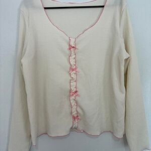 Unbranded Women's Cream and White Shirt with pink bows and ruffle design